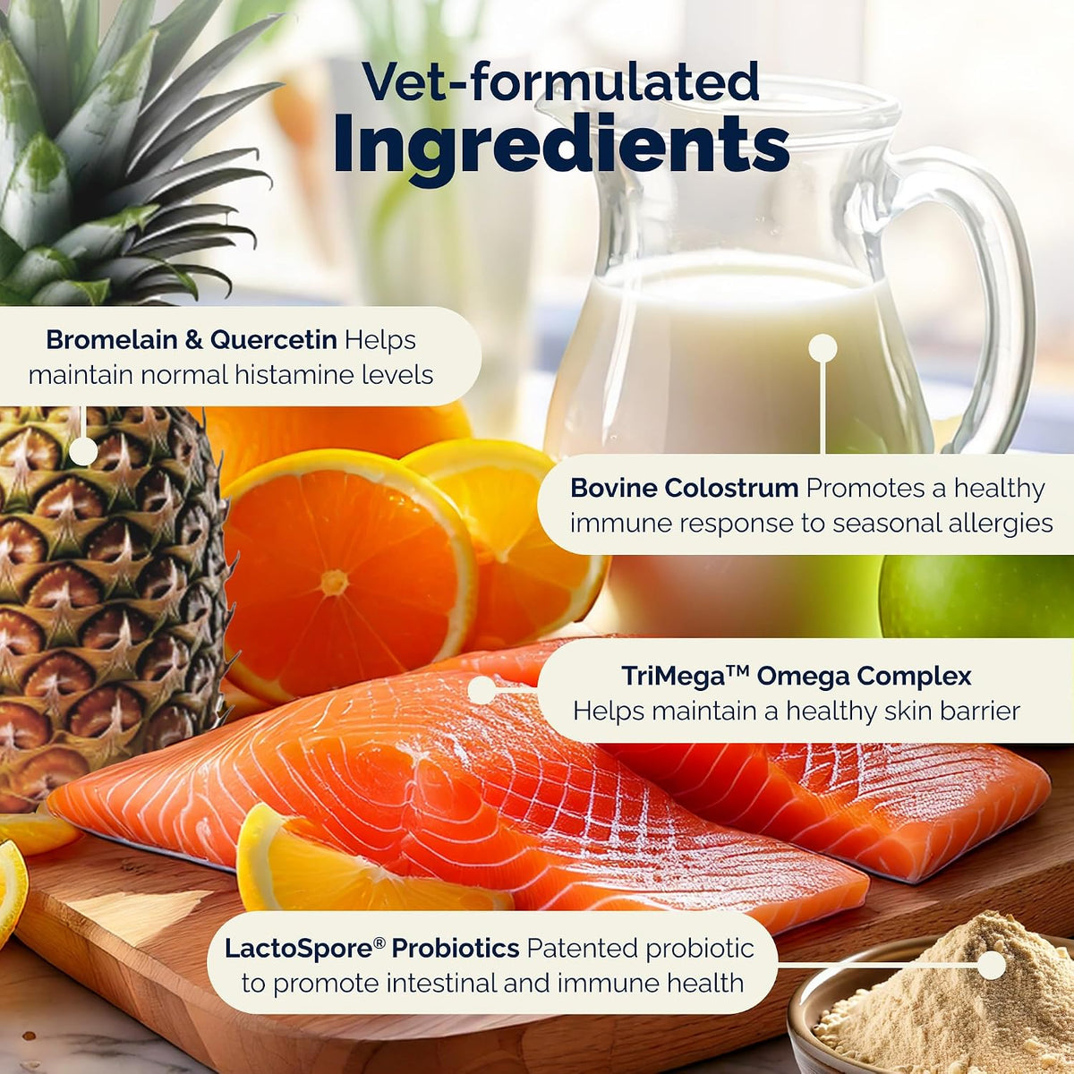 Dermabliss Omega 3 and probiotic anti itch soft chew supplement ingredient panel