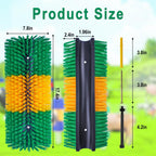 Livestock scratching brush mounted on a wooden fence post for animal use.