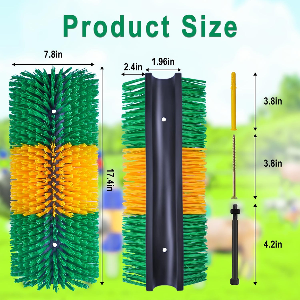 Livestock scratching brush mounted on a wooden fence post for animal use.