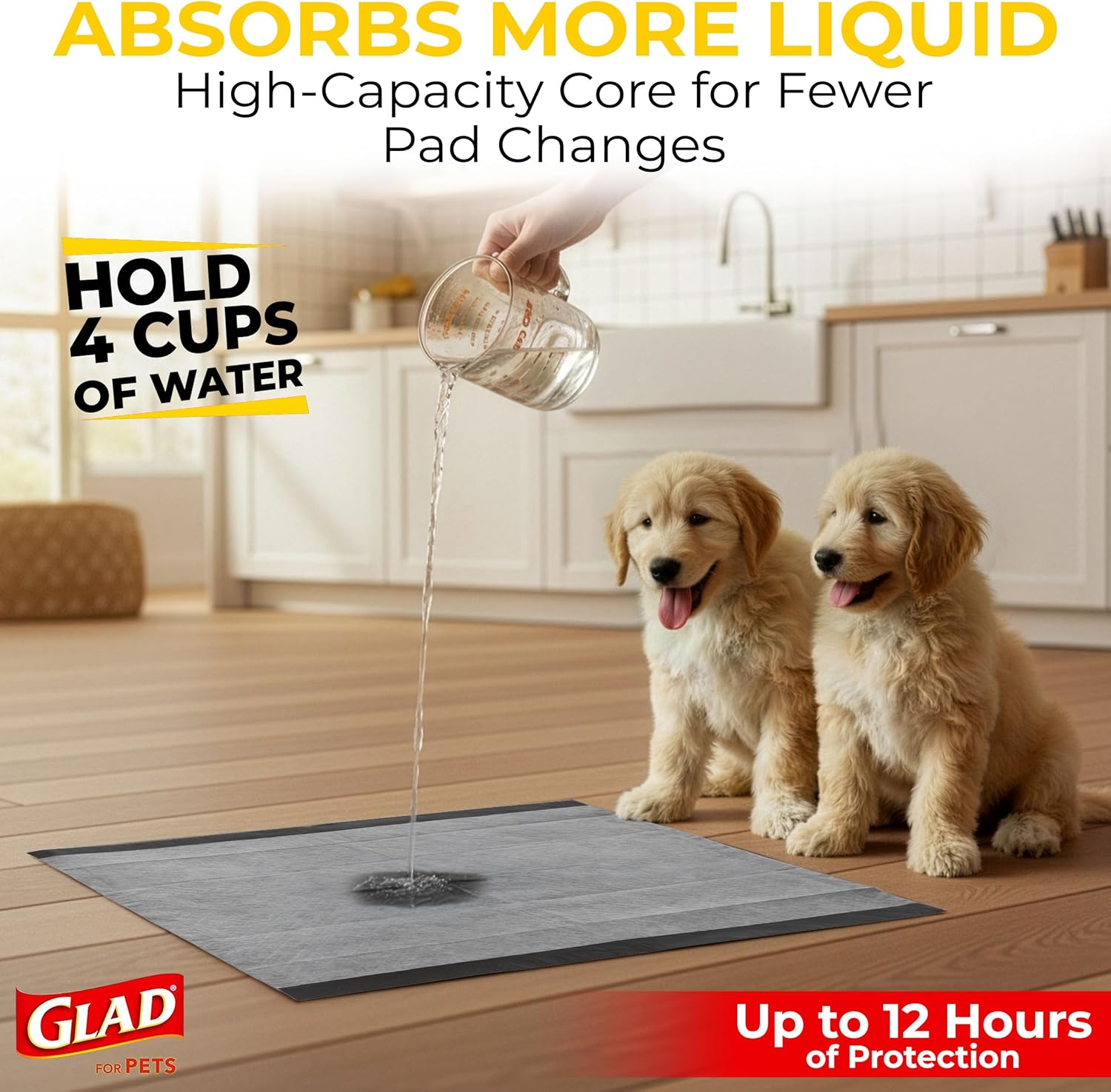 Glad disposable dog pee pads layout showcasing six layer leak proof construction