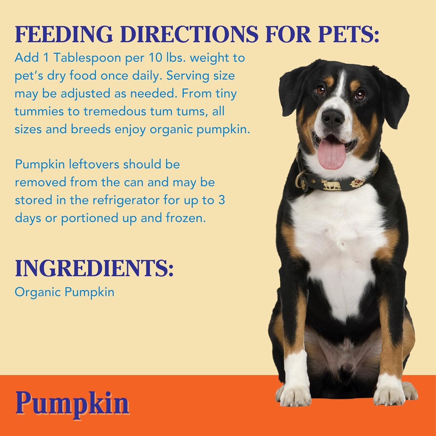 Organic pumpkin puree for dog stomach upset relief product label view.