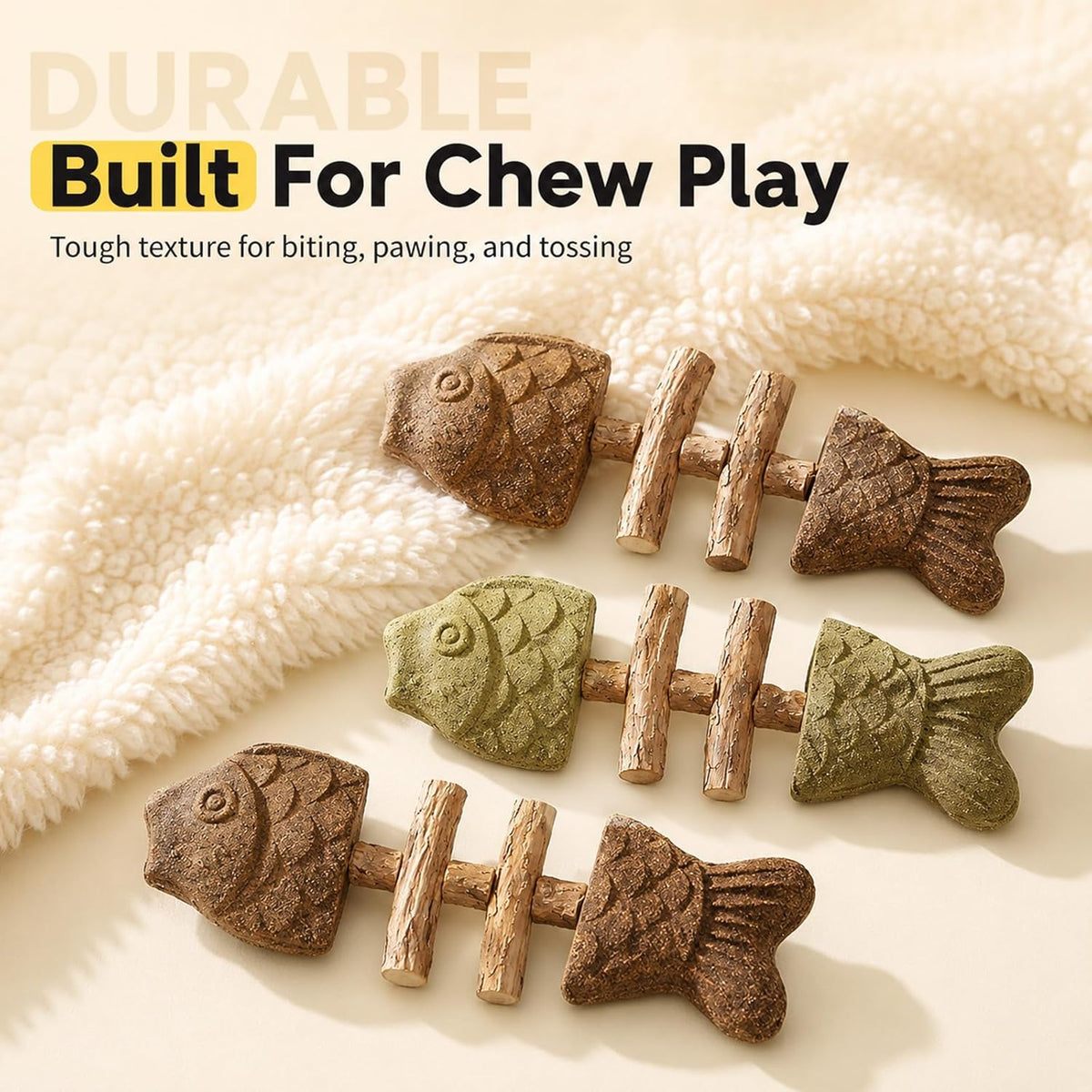 Two pack natural fishbone shaped cat enrichment toy