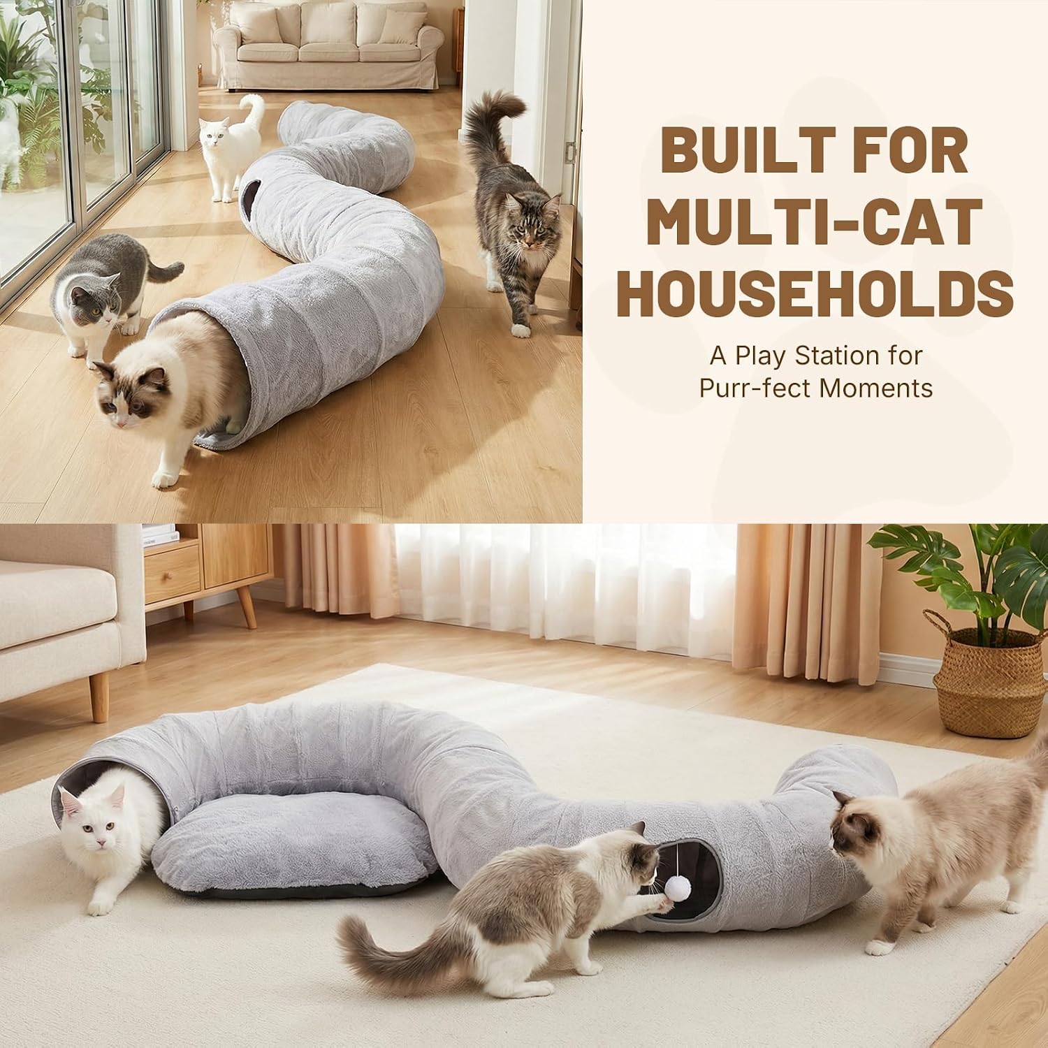BUMUBI multi cat play tunnel with removable plush mat laid out flat