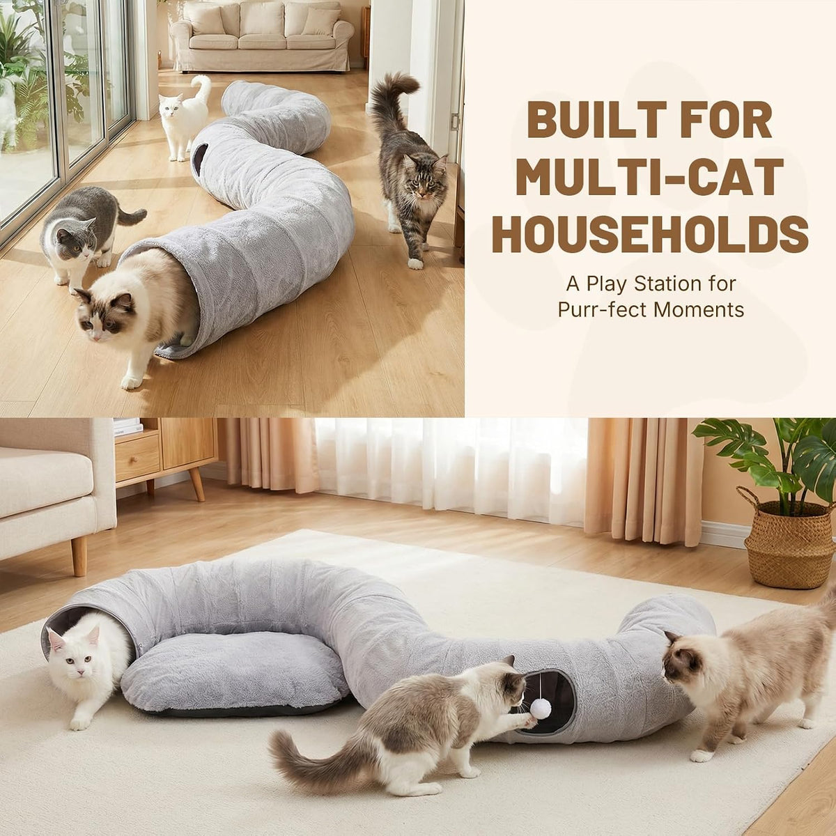 BUMUBI multi cat play tunnel with removable plush mat laid out flat