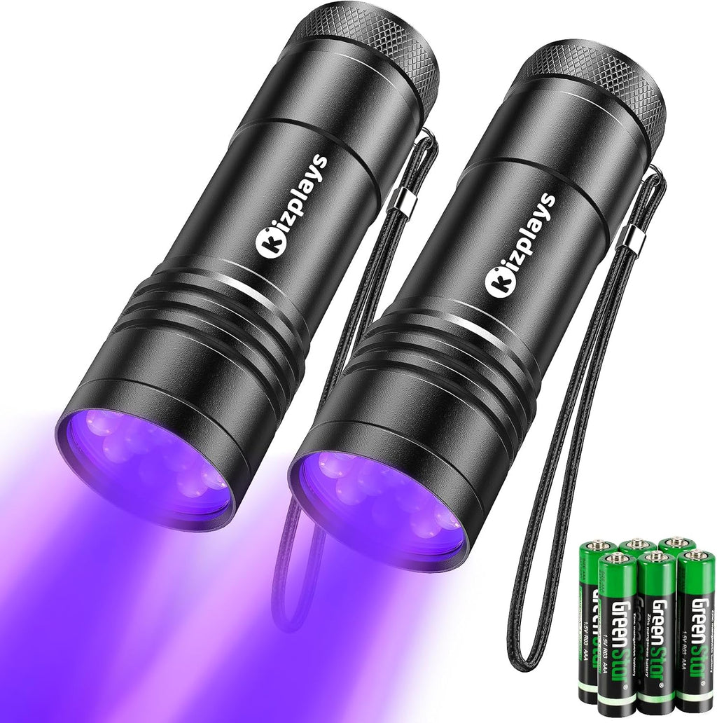 Kizplays UV Flashlights front view of the two pack black light torches.