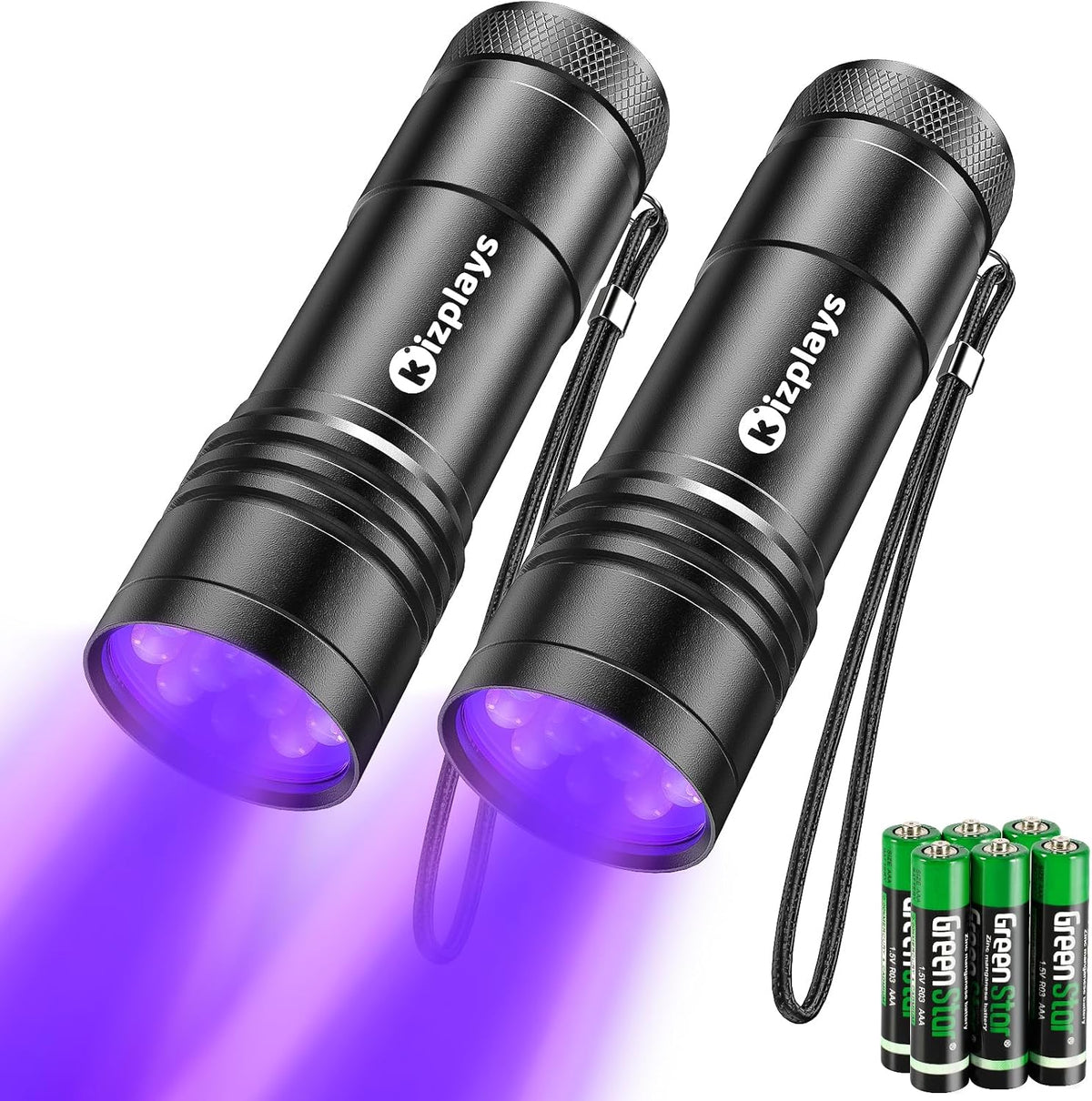 Kizplays UV Flashlights front view of the two pack black light torches.