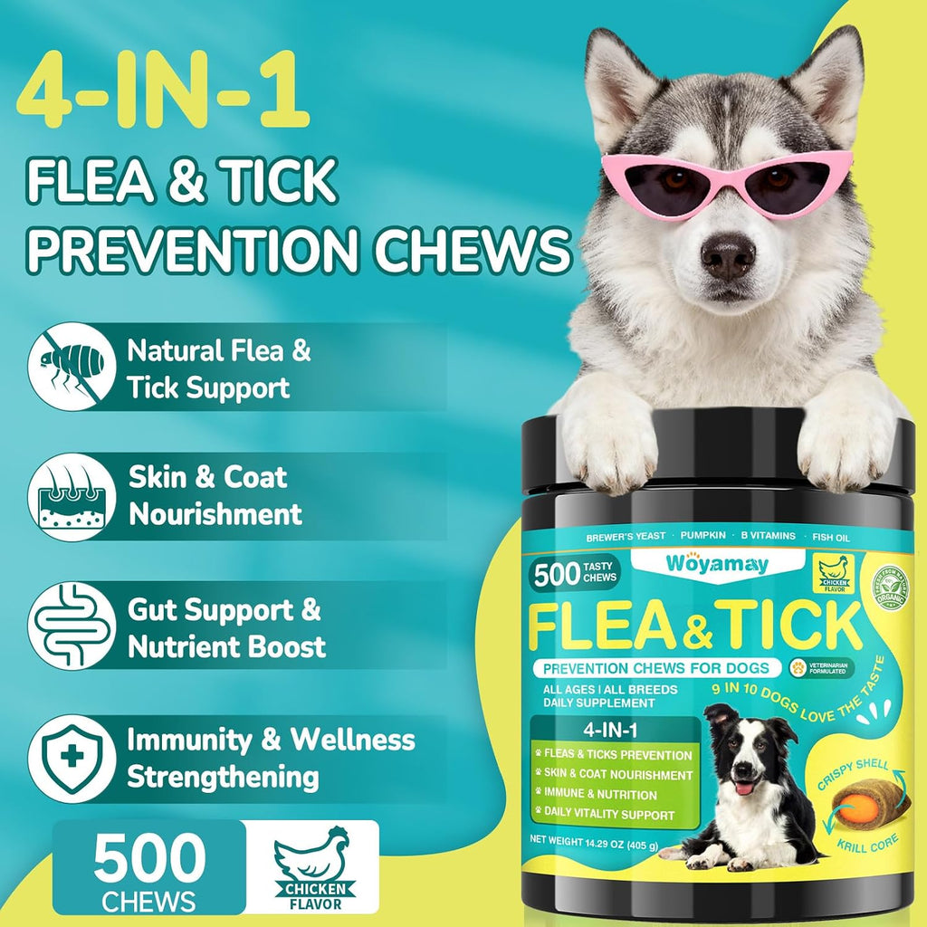 Woyamay dog flea treatment bottle showing detailed ingredient list including deep-sea fish oil and pumpkin powder.