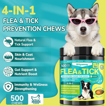 Woyamay dog flea treatment bottle showing detailed ingredient list including deep-sea fish oil and pumpkin powder.