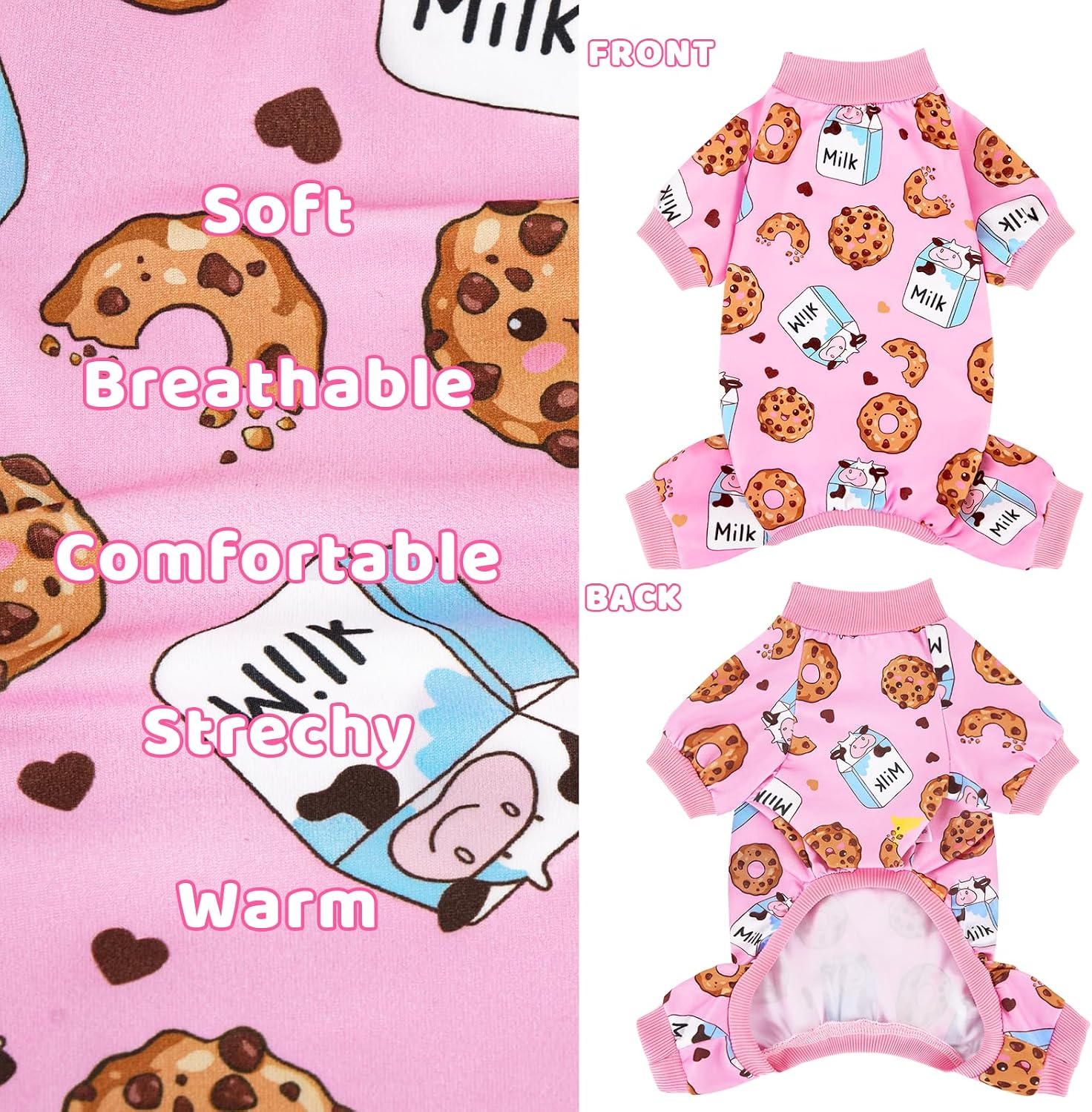 Elastic leg cuffs and stretchable waist stitch work detailed view on dog pajamas.