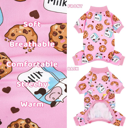 Elastic leg cuffs and stretchable waist stitch work detailed view on dog pajamas.