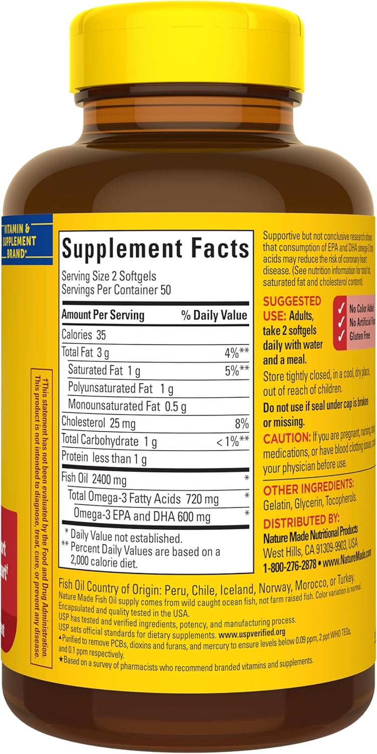 Nature Made Omega 3 fatty acid softgels showcasing safety seal and expiration dates