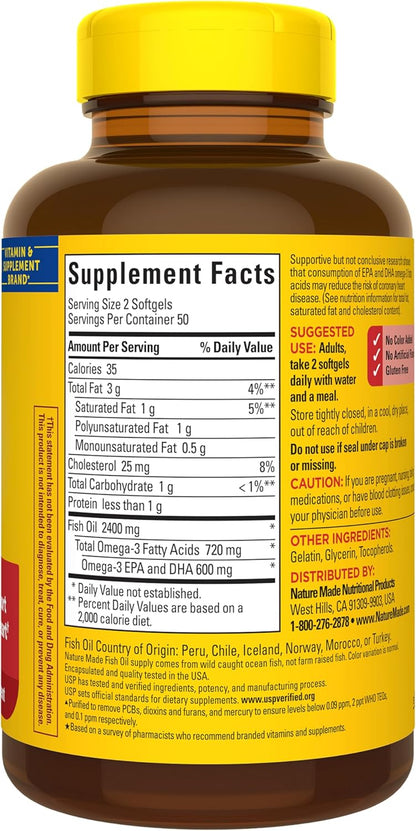 Nature Made Omega 3 fatty acid softgels showcasing safety seal and expiration dates