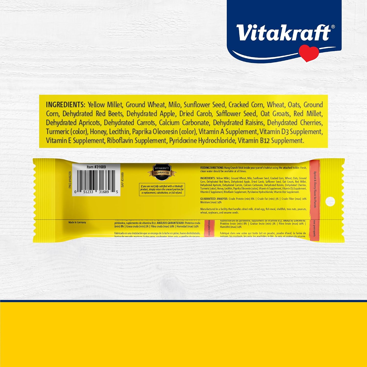 Packaging details of Vitakraft parrot snacks with apricot and cherry