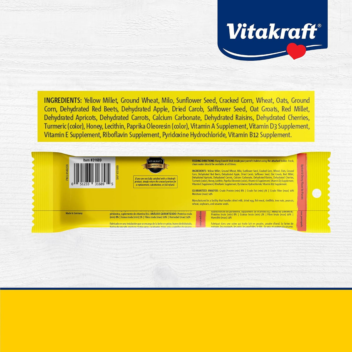 Back of Vitakraft packaging displaying ingredients and feeding guide