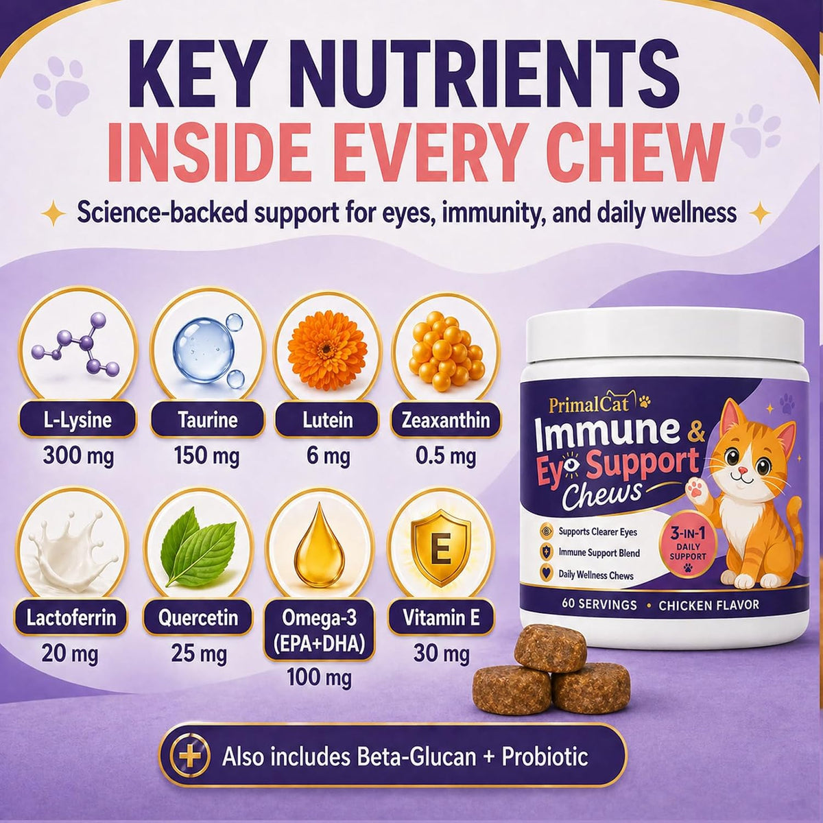 Close up of savory chicken flavored soft chew designed for feline immune health