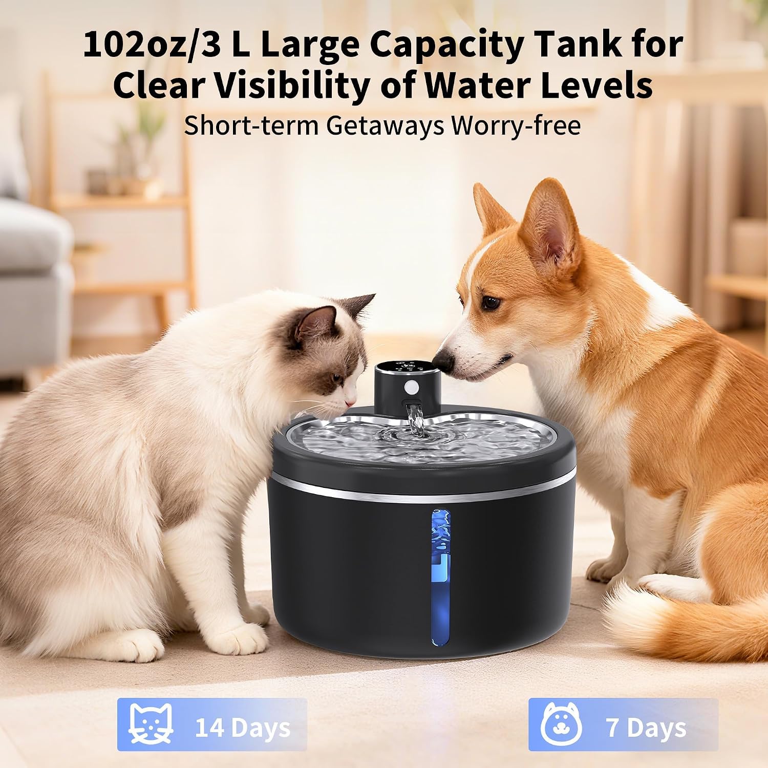 Stainless steel tray cat water fountain close up