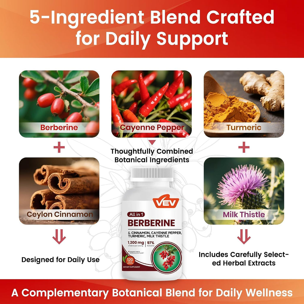 VEV Berberine Supplement with Ceylon Cinnamon, Cayenne Pepper, 120 Capsules - Image 4