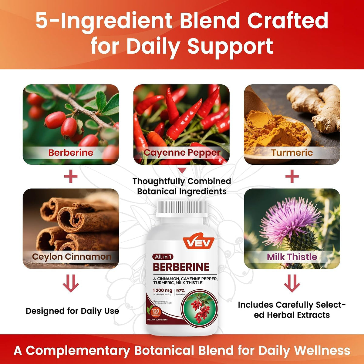VEV Berberine Supplement with Ceylon Cinnamon, Cayenne Pepper, 120 Capsules - Image 4