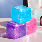 LNYEWLZTR slow rise glitter squishy cube pack front view featuring purple pink and blue square stress balls