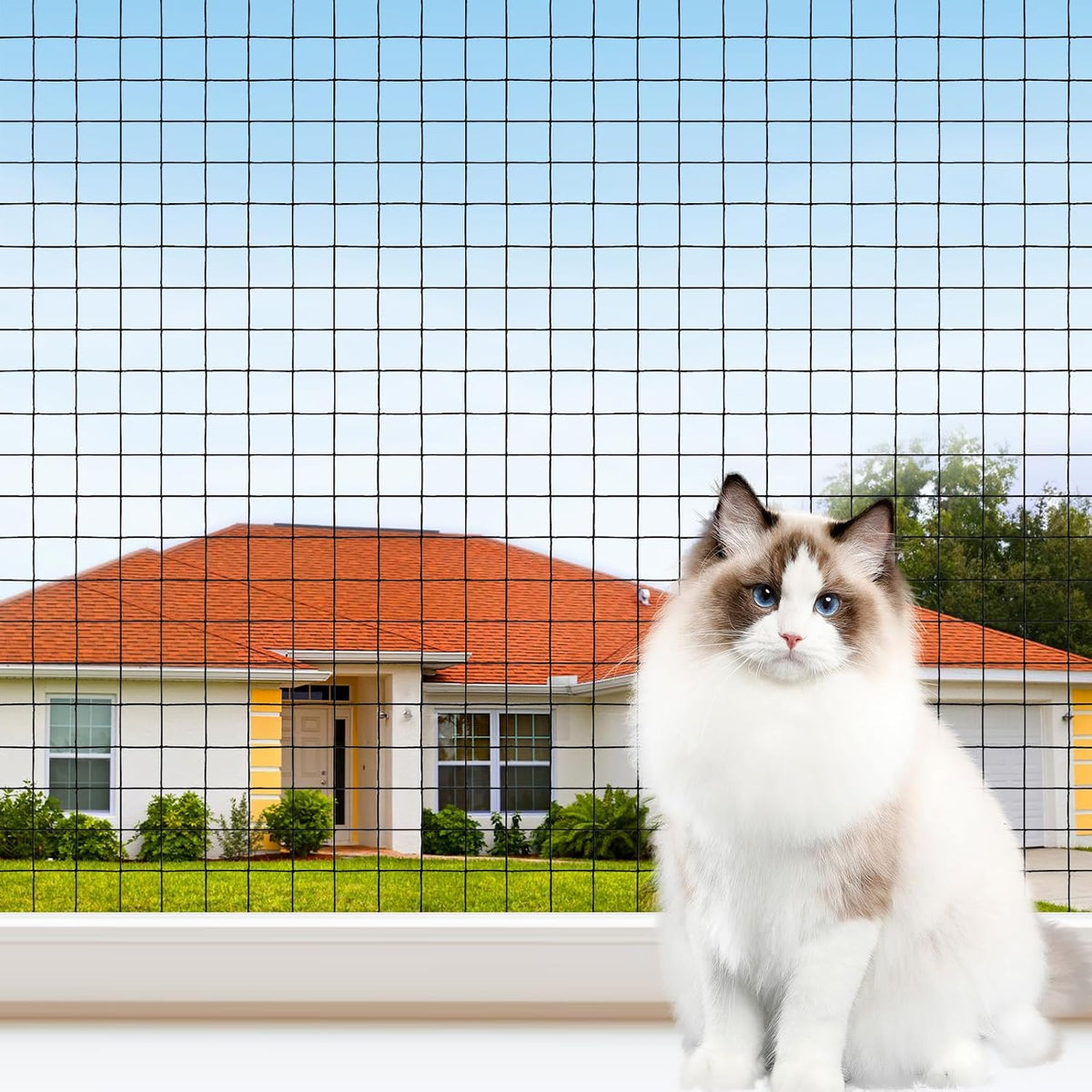 YeeBeny Cat Netting Balcony front view installed on railing