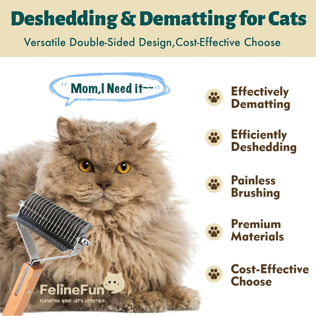 FelineFun two in one undercoat rake showing stainless steel teeth closeup