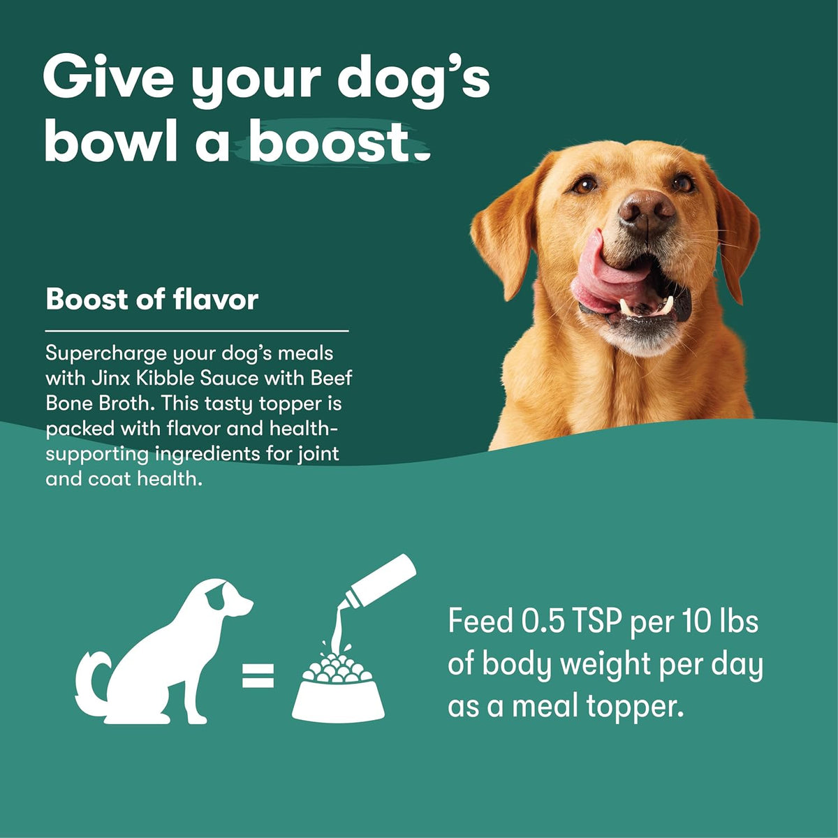 Convenient green squeeze cap on Jinx dog food sauce bottle detailing usage guide