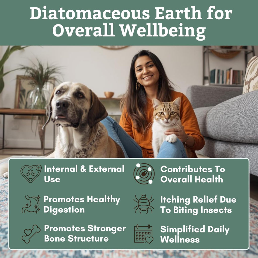 Wholistic Pet Organics Diatomaceous Earth powder texture and container
