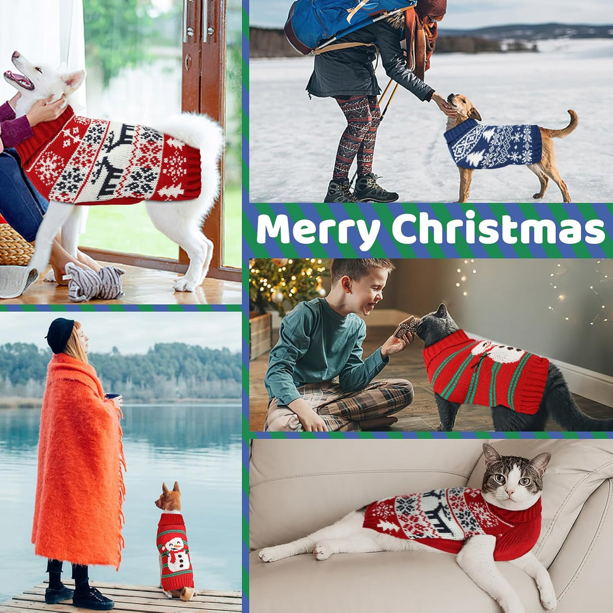 Medium size festive puppy sweater being worn during outdoor winter playtime.