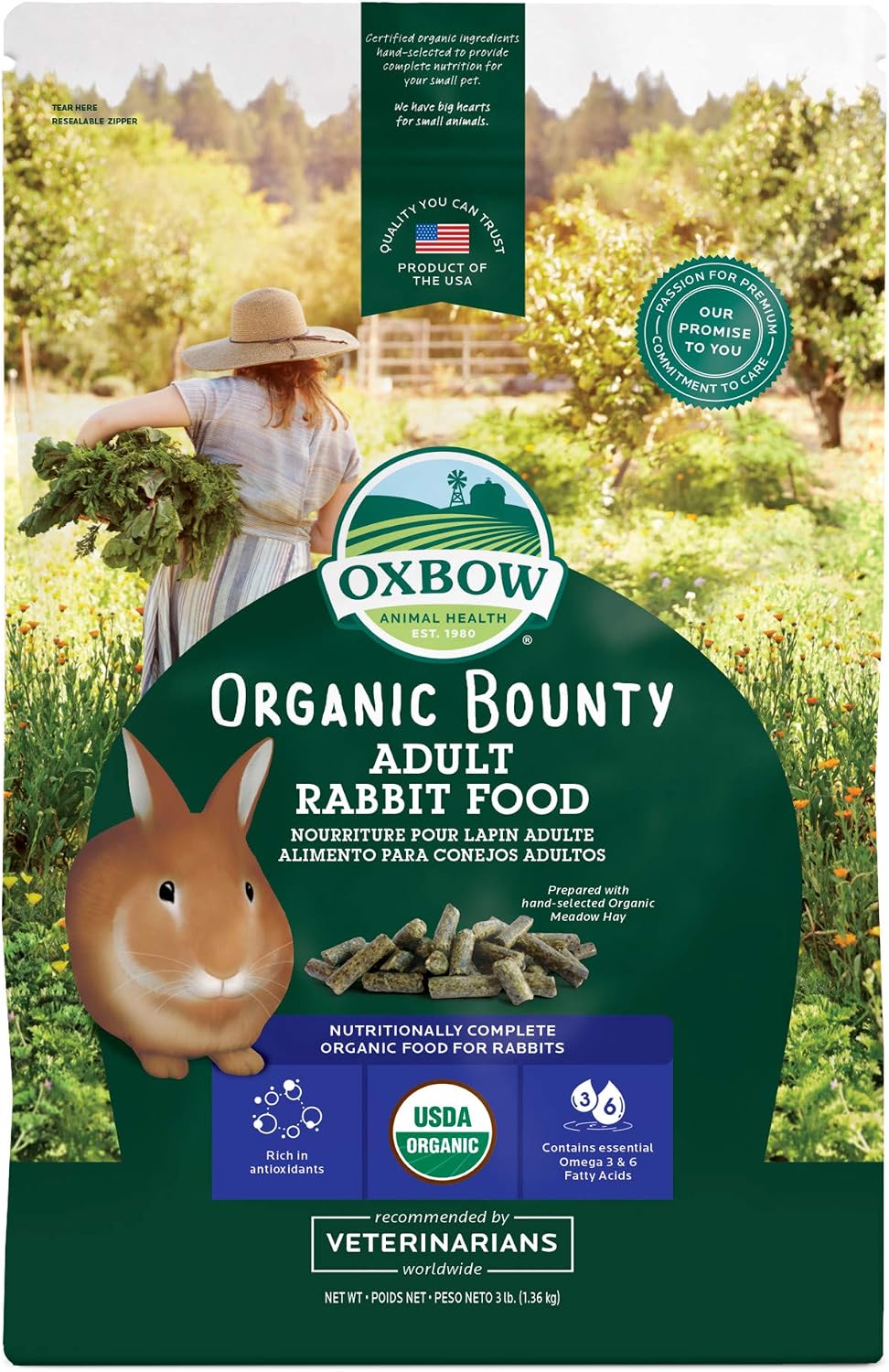 Oxbow Animal Health Organic Bounty Adult Rabbit Food 3 pound bag front view premium pet food