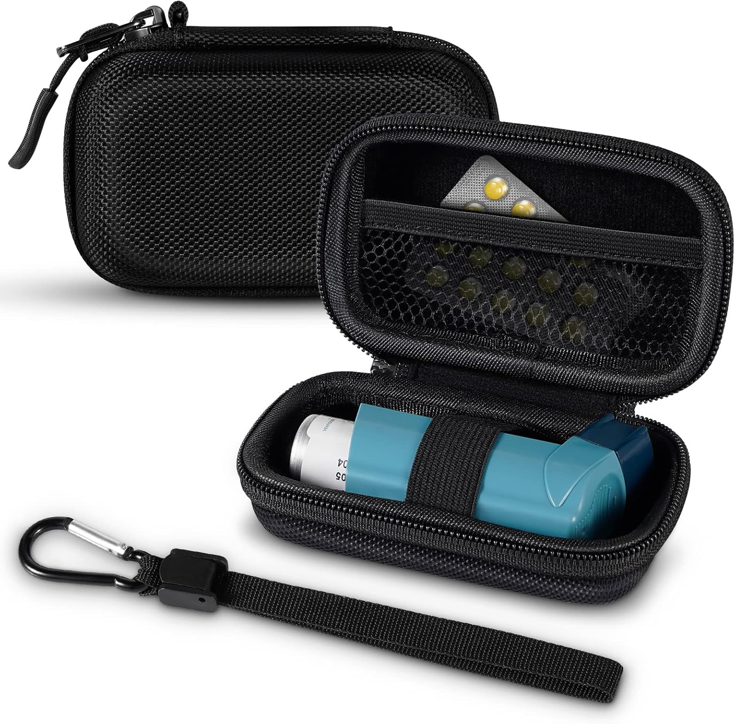MEDMAX Asthma Inhaler Case black front view showcasing the durable hard shell exterior