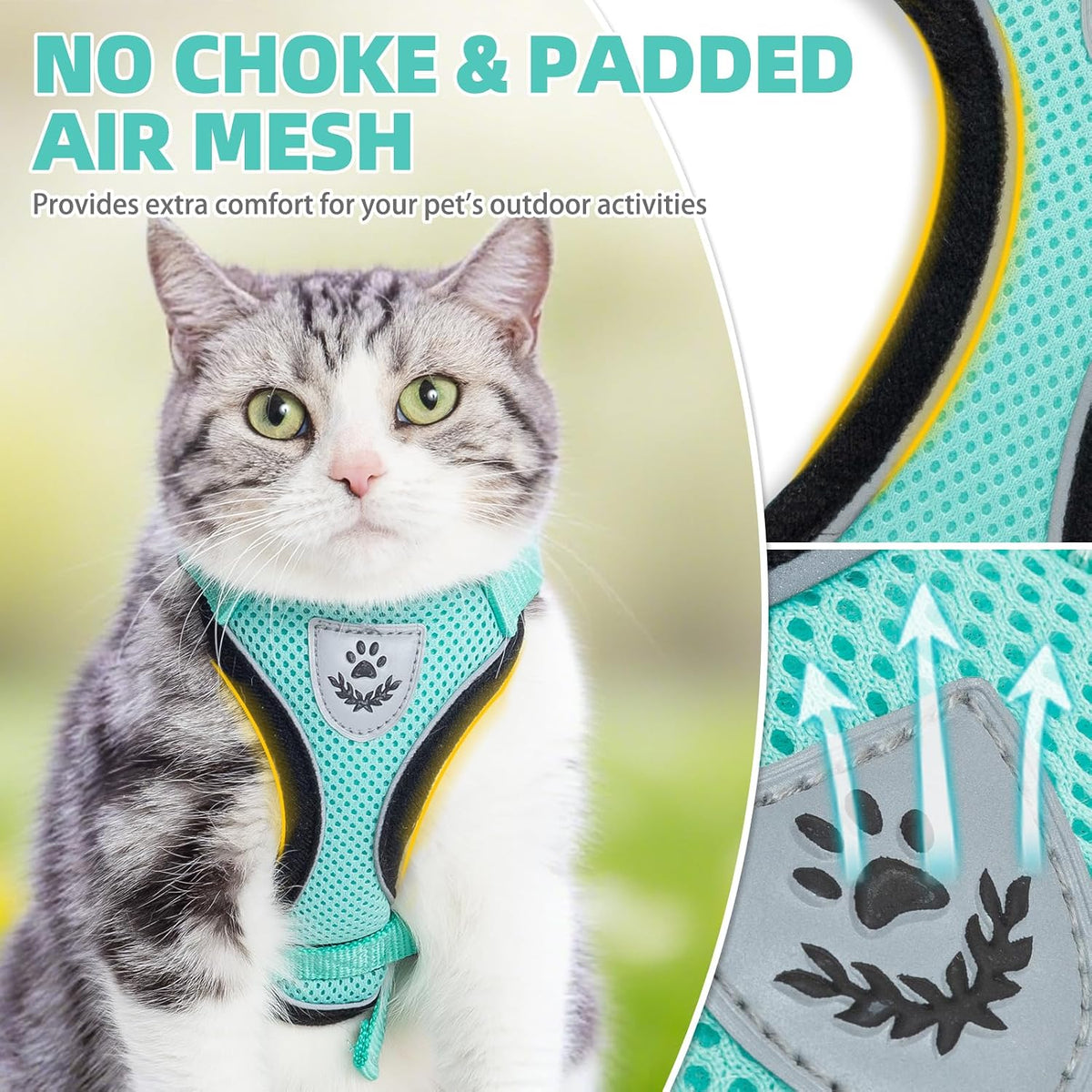 Adjustable soft breathable mesh cat walking vest in aquamarine color small size