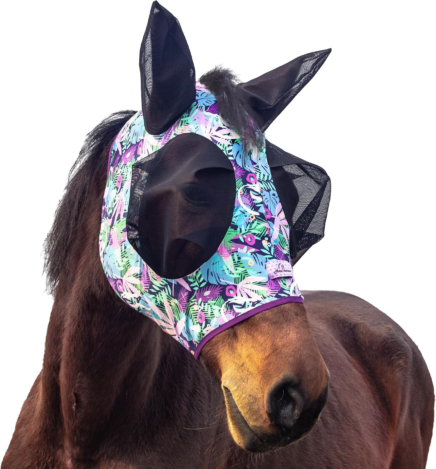 Full view of horzmetnex fly mask demonstrating elasticity