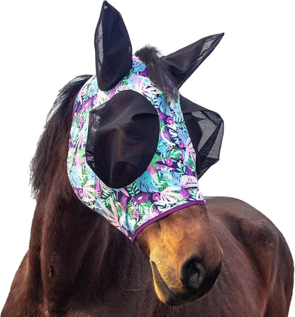 Full view of horzmetnex fly mask demonstrating elasticity