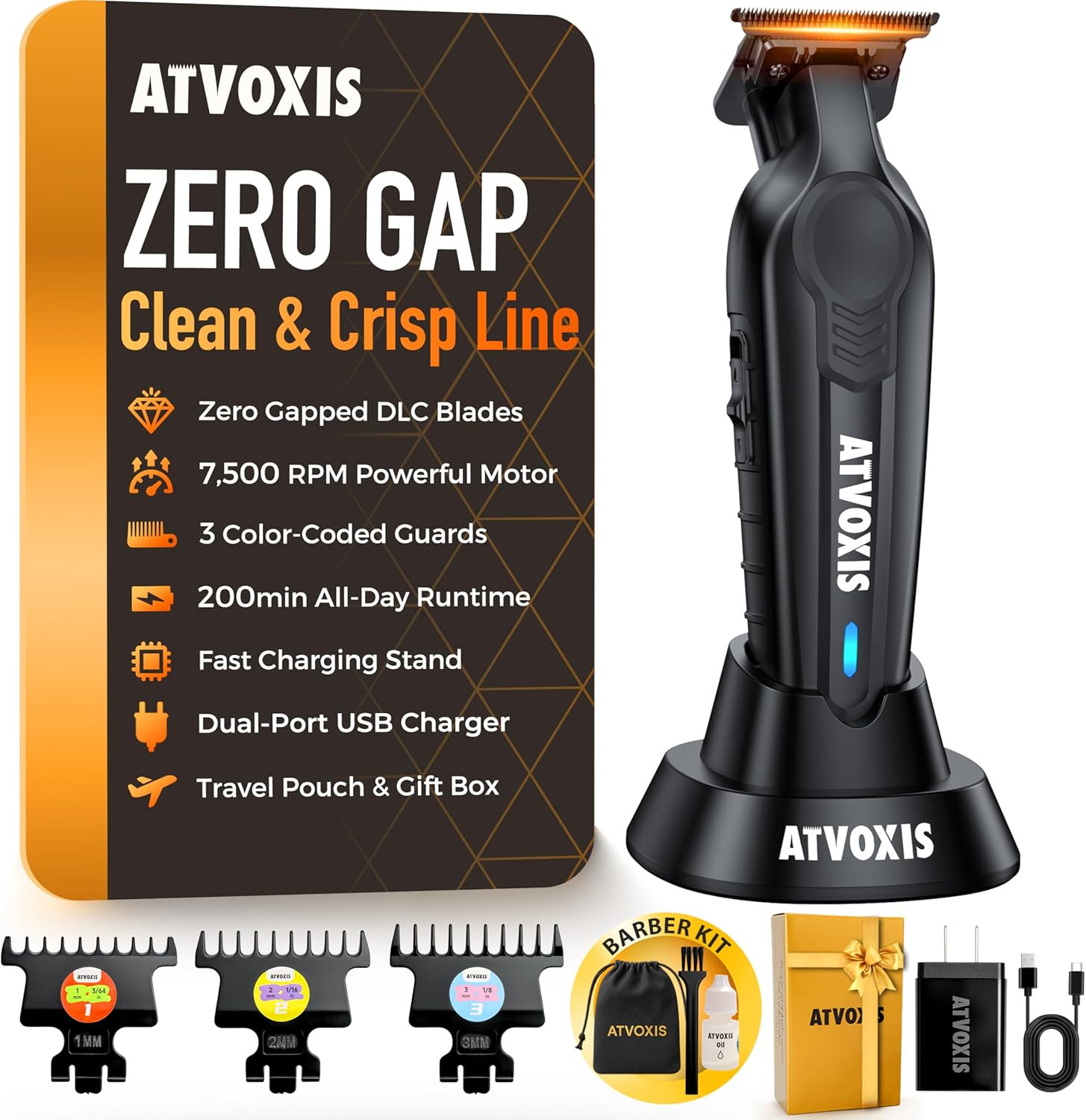 ATVOXIS professional hair trimmer for men front view showing sleek metal body and premium T blade layout