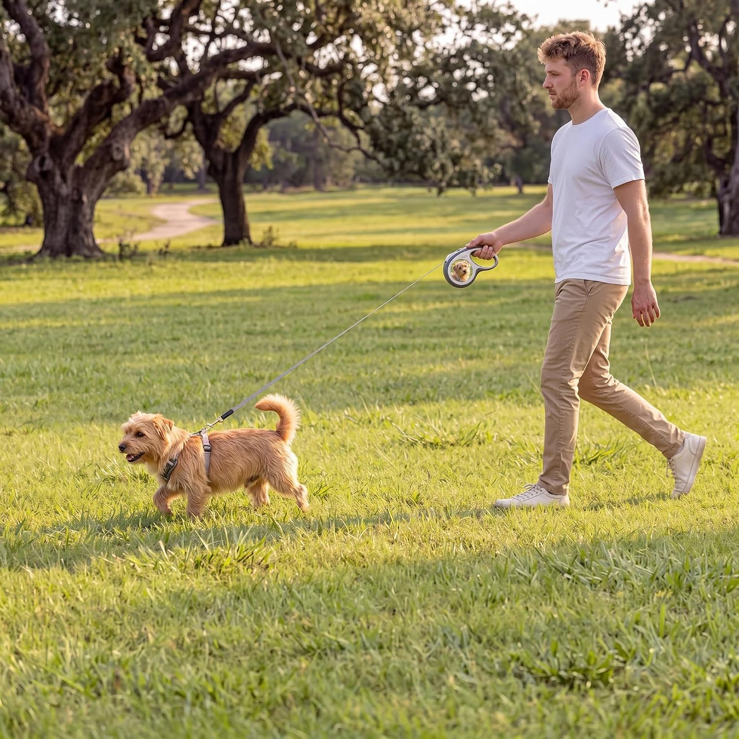 Detail view of reflective material on retractable dog walking accessory