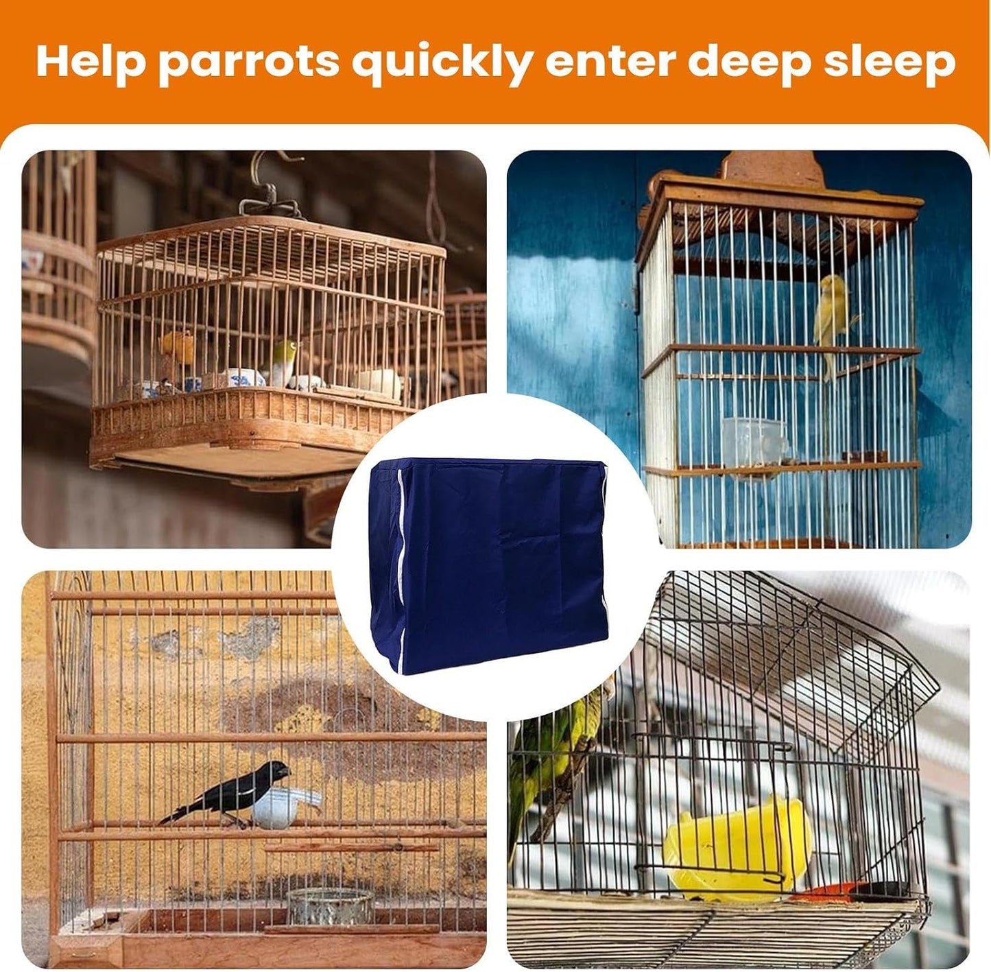 Washable blackout bird cage fabric cover showing front flap alignment for night use