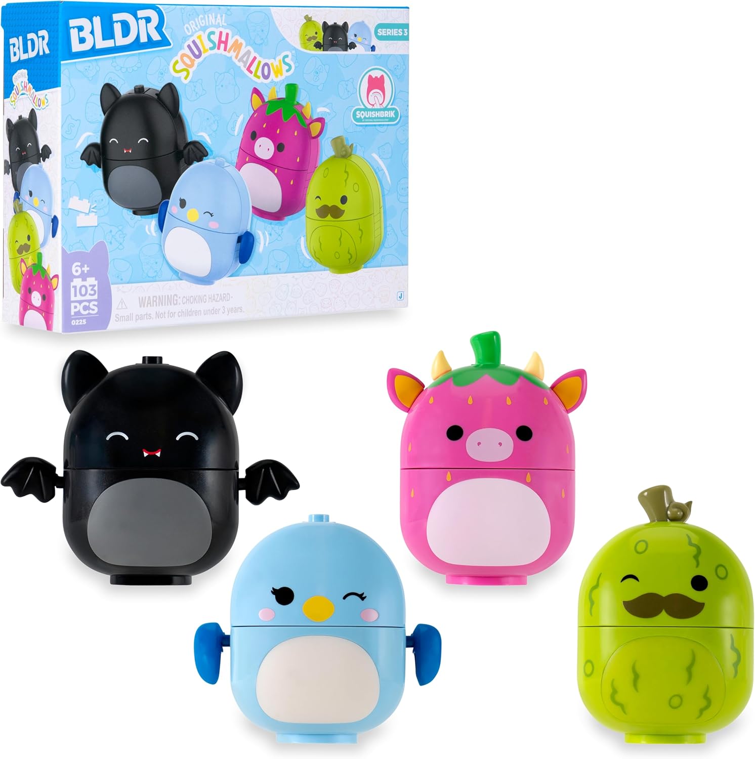 BLDR Squishmallows buildable figure four pack front view featuring Emily the Bat