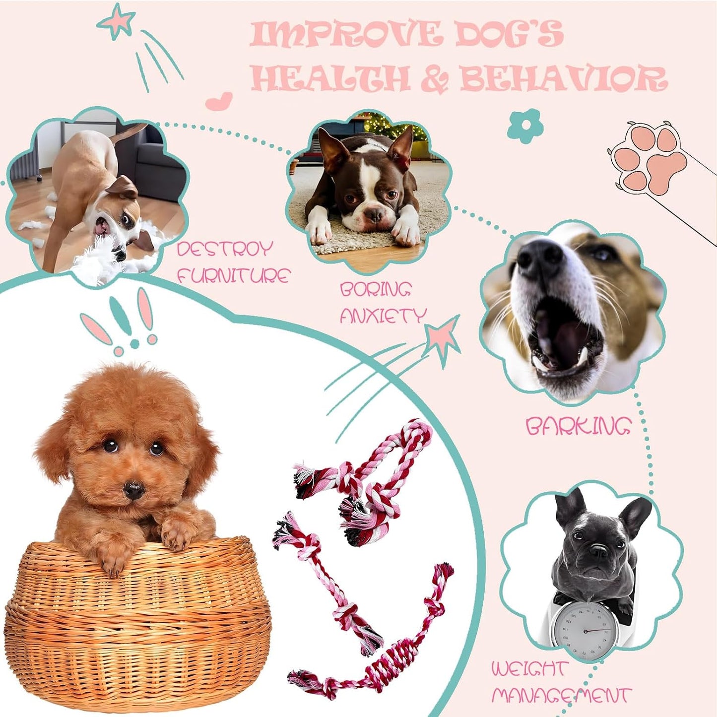 Complete pink three pack pet care rope chew kit for small puppies aged two to eight months.