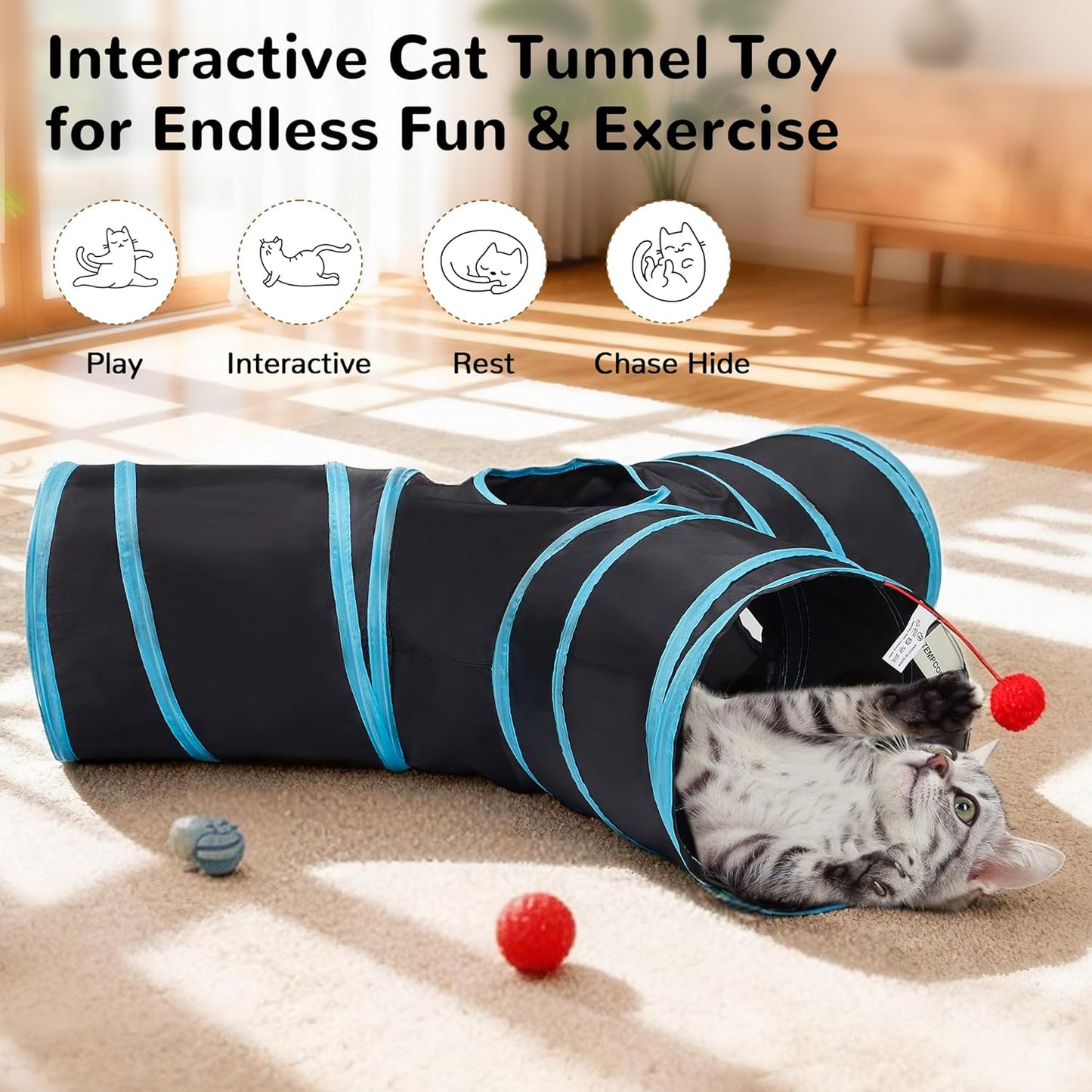 Three way cat tunnel folded flat showing compact collapsible design for easy storage.