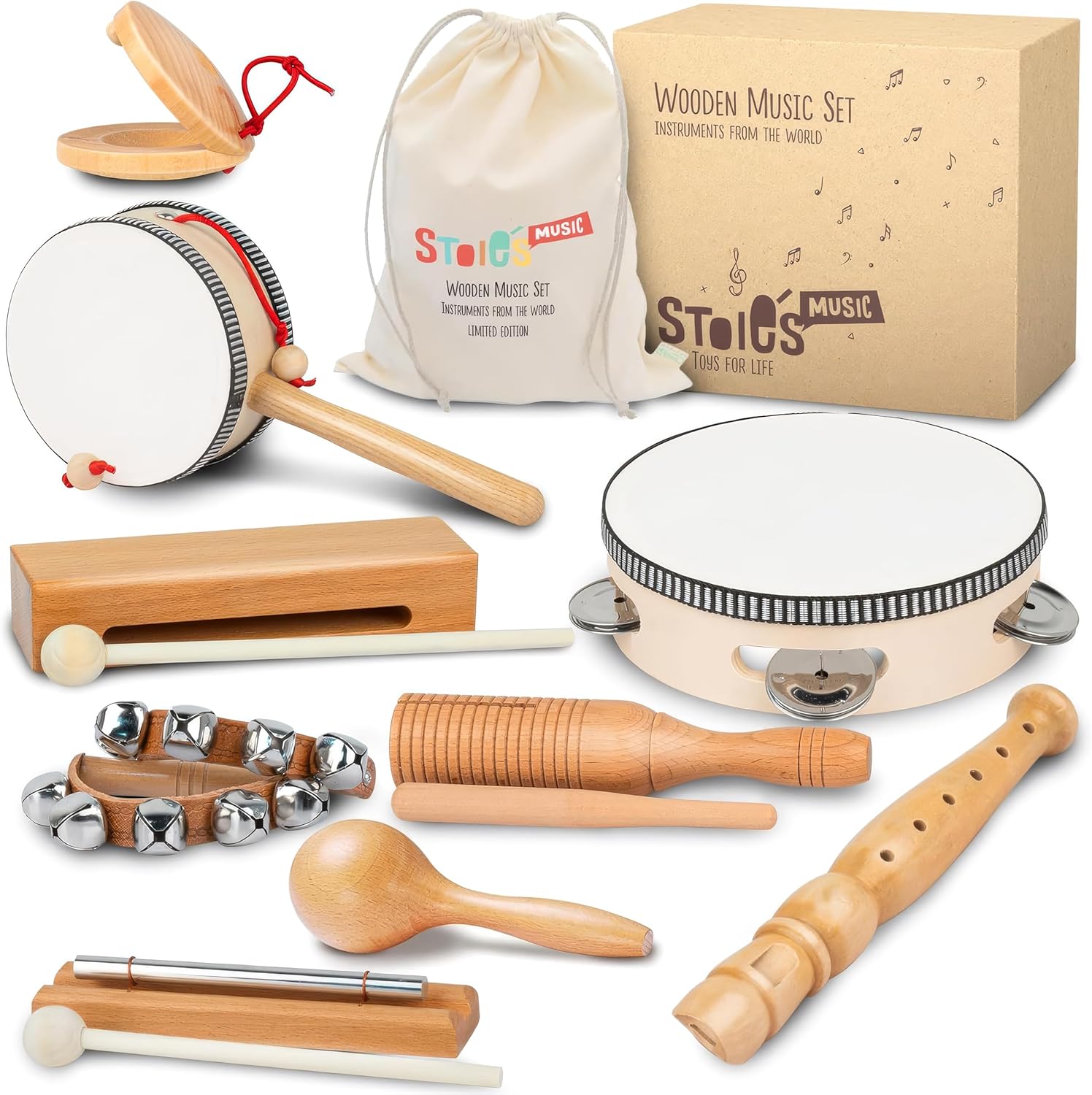 Stoie's wooden toddler musical instruments set arranged neatly on a plain surface showing front view