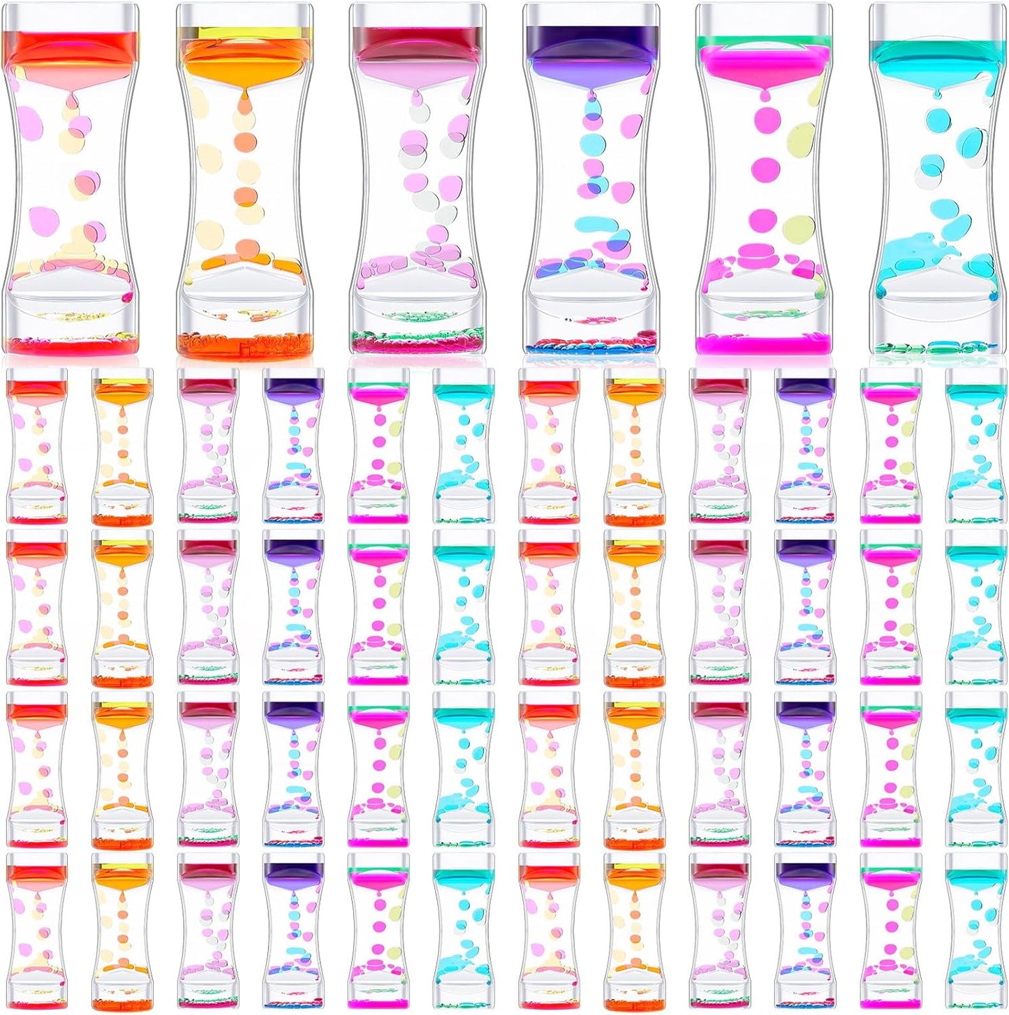 Hollowfly liquid motion bubbler timer front view showcasing colorful oil droplets descending in clear acrylic tubes