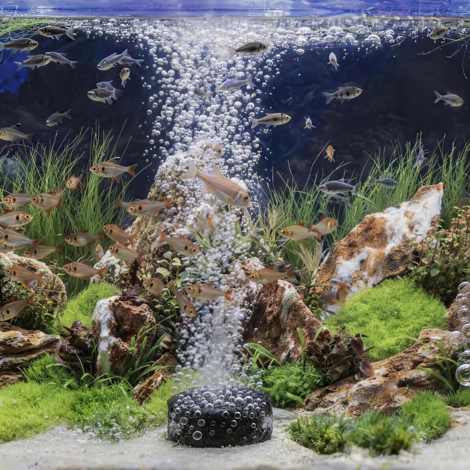 Four piece fish tank bubbler kit displaying the complete premium mineral stone set.