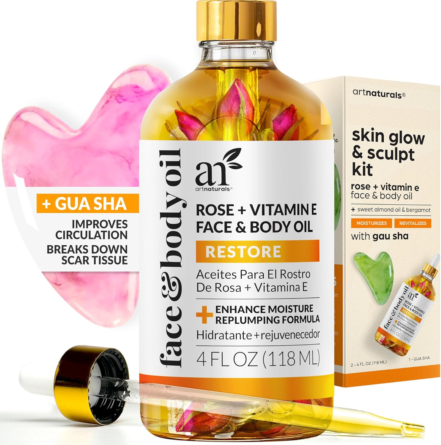 Artnaturals Vitamin E Bio Oil and Gua Sha set front view for skin repair
