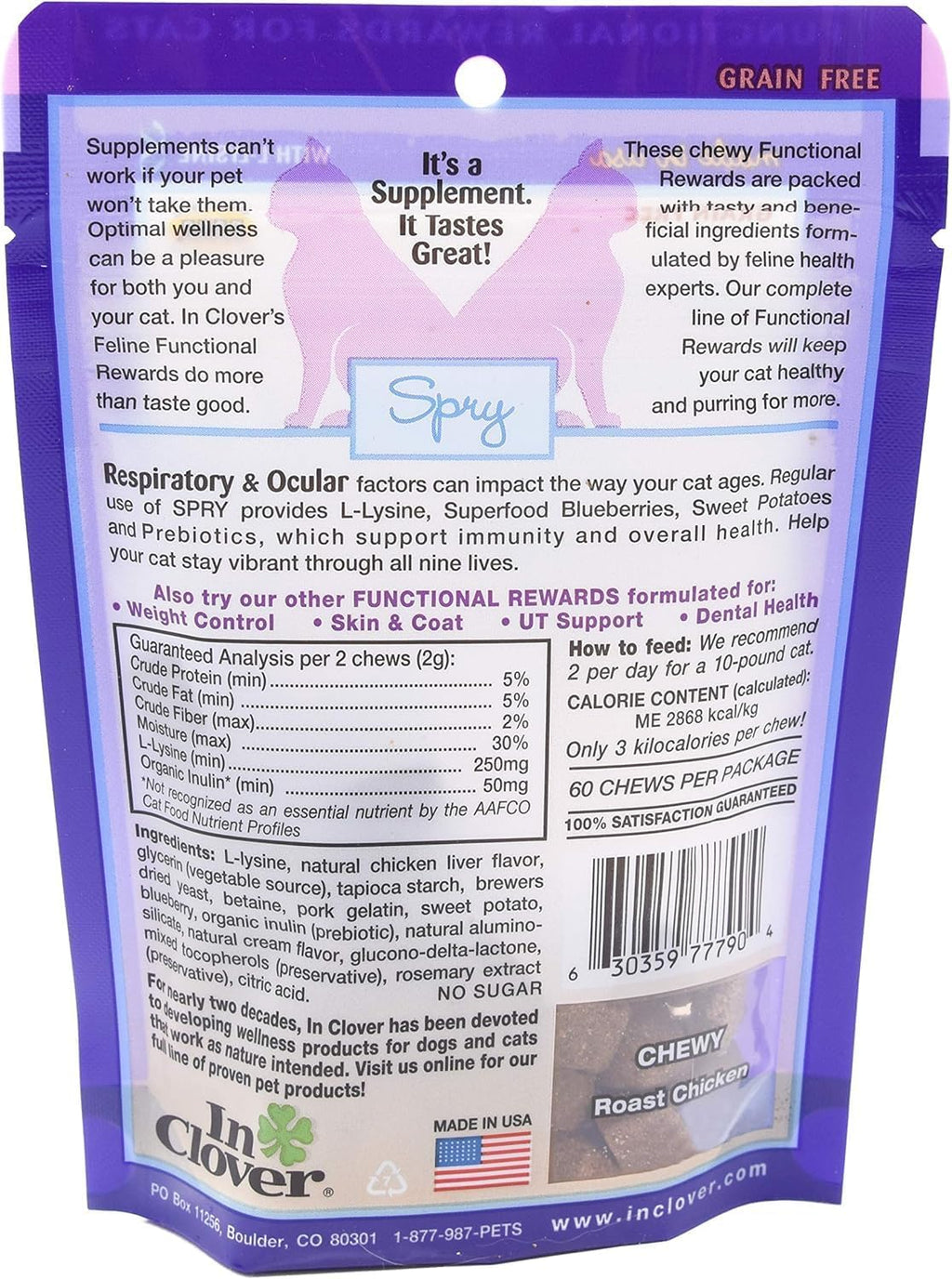 Back of In Clover Spry bag with ingredient and nutritional details