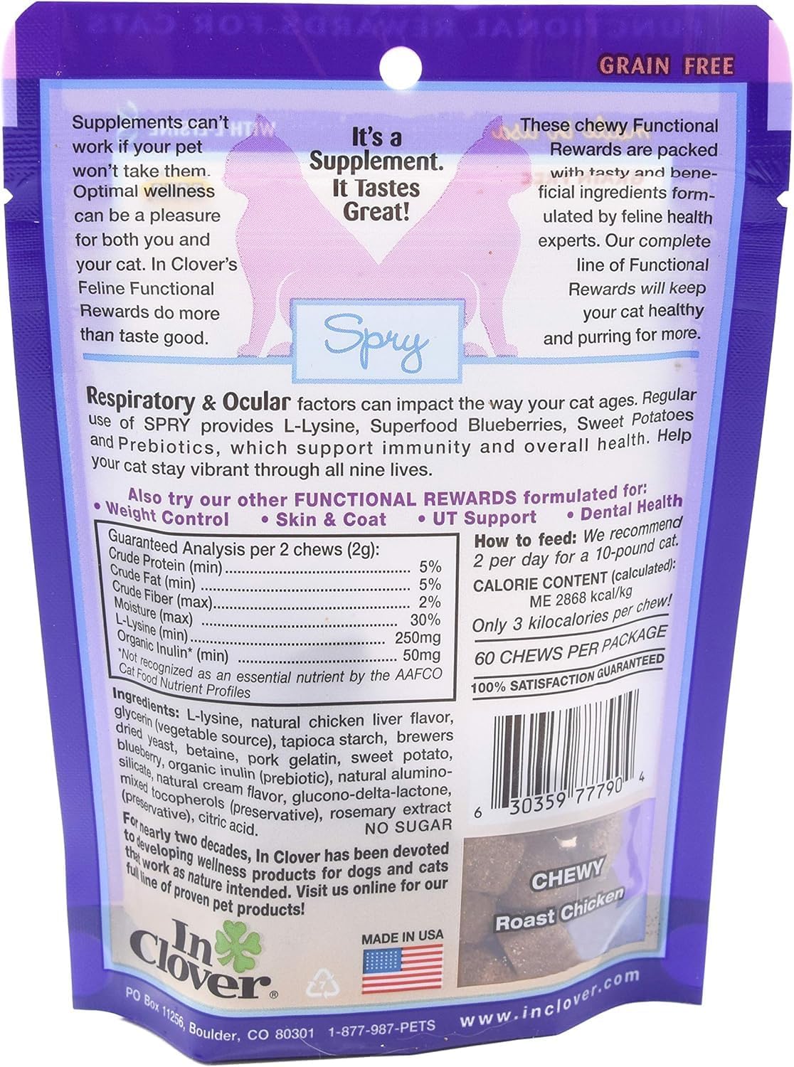 Back of In Clover Spry bag with ingredient and nutritional details