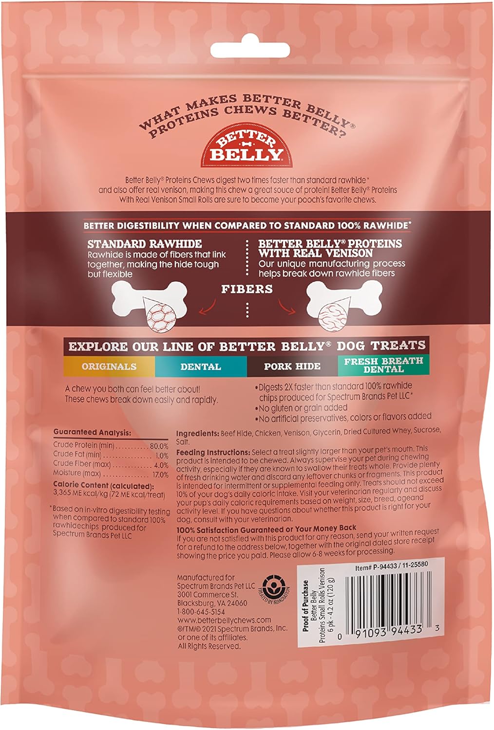 Better Belly rawhide alternative dog rolls with real venison package details