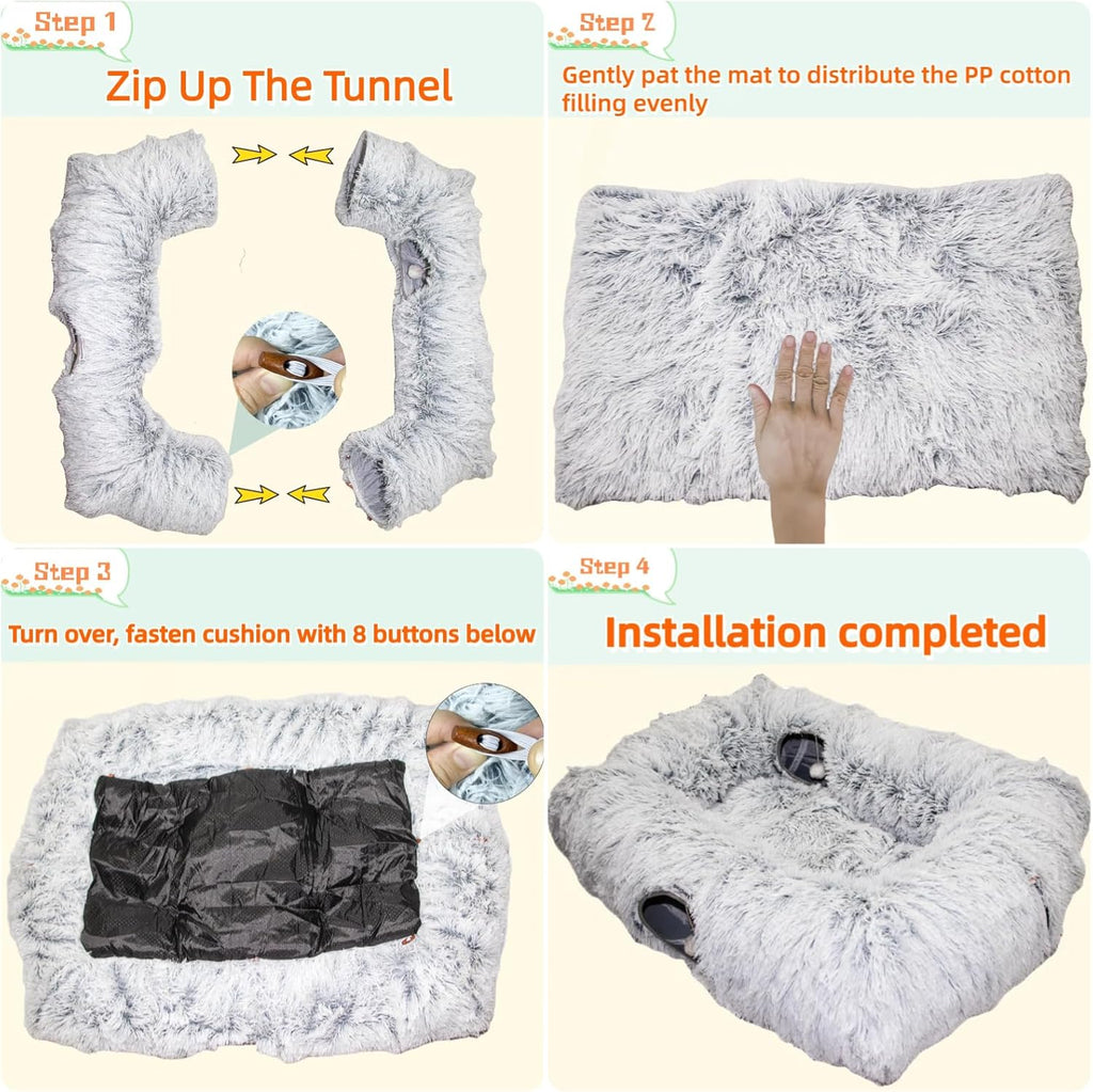 Two kittens playing together inside the multiway passages of the XxingSheep grey plush cat tunnel toy