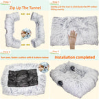 Two kittens playing together inside the multiway passages of the XxingSheep grey plush cat tunnel toy