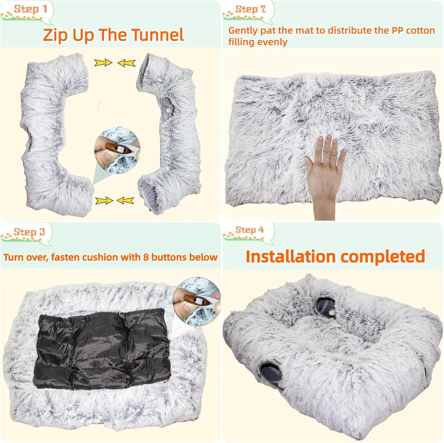 Two kittens playing together inside the multiway passages of the XxingSheep grey plush cat tunnel toy