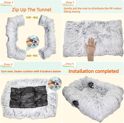 Two kittens playing together inside the multiway passages of the XxingSheep grey plush cat tunnel toy